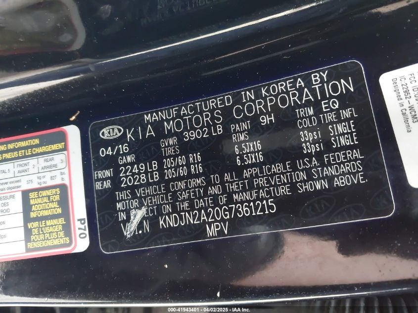 2016 Kia Soul VIN: KNDJN2A20G7361215 Lot: 41943401