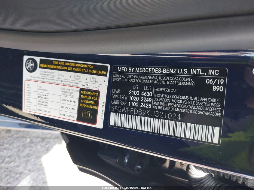 VIN 55SWF8DB9KU321024 2019 MERCEDES-BENZ C 300