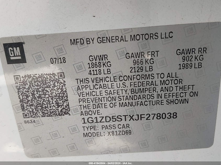 2018 CHEVROLET MALIBU VIN: 1G1ZD5STXJF278038