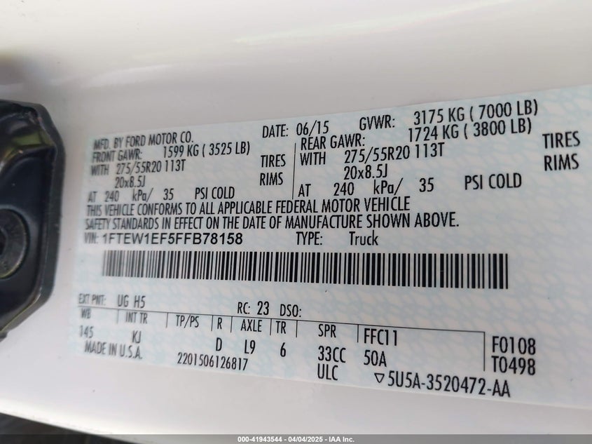 2015 FORD F150 VIN: 1FTEW1EF5FFB78158
