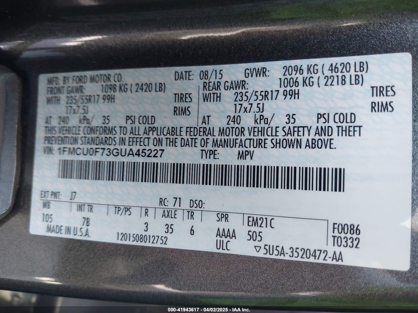 2016 FORD ESCAPE VIN: 1FMCU0F73GUA45227