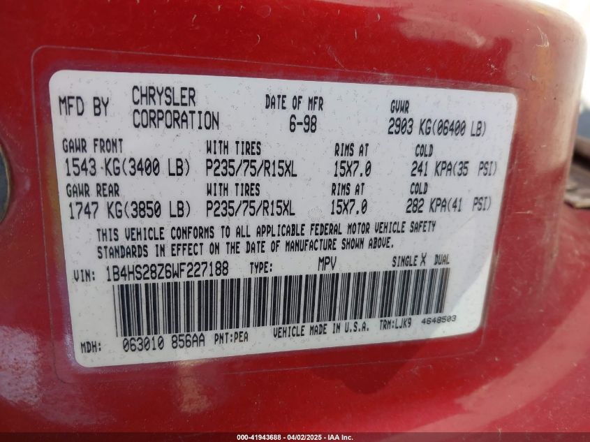 1998 Dodge Durango Slt VIN: 1B4HS28Z6WF227188 Lot: 41943688