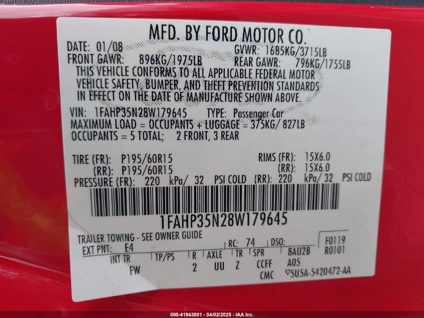 2008 Ford Focus Se/Ses VIN: 1FAHP35N28W179645 Lot: 41943801