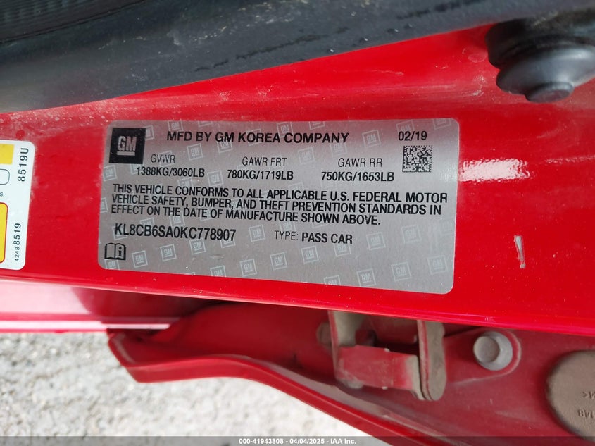2019 CHEVROLET SPARK VIN: KL8CB6SA0KC778907