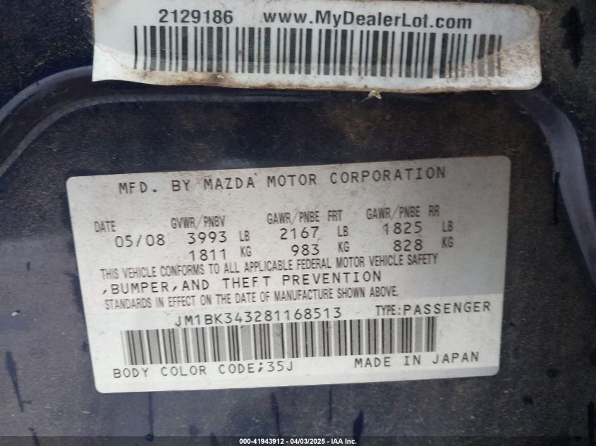2008 Mazda Mazda3 S Grand Touring VIN: JM1BK343281168513 Lot: 41943912