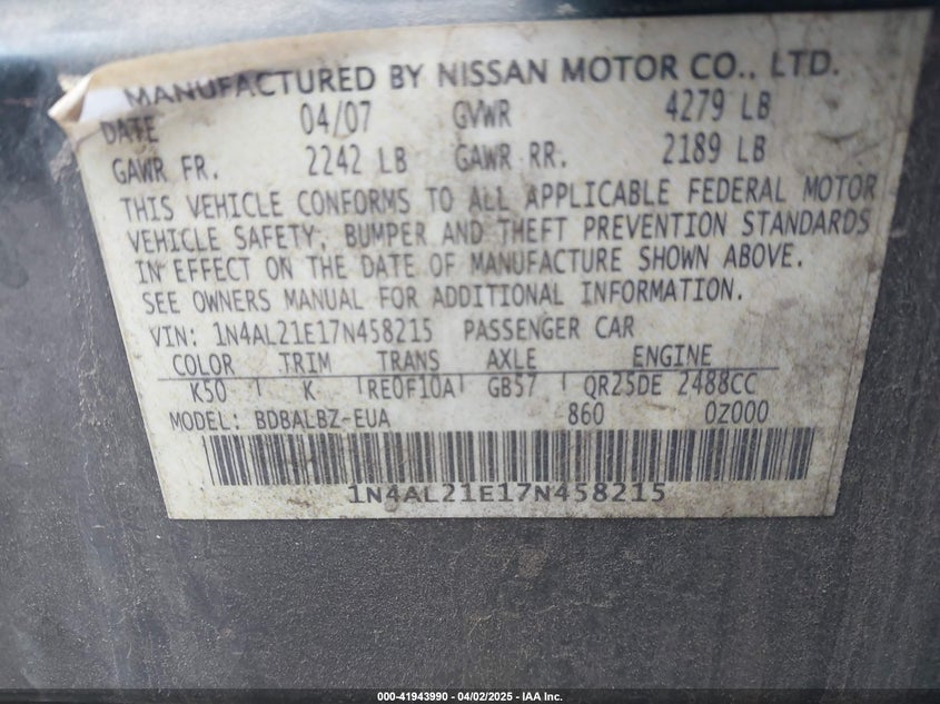 2007 Nissan Altima 2.5 S VIN: 1N4AL21E17N458215 Lot: 41943990