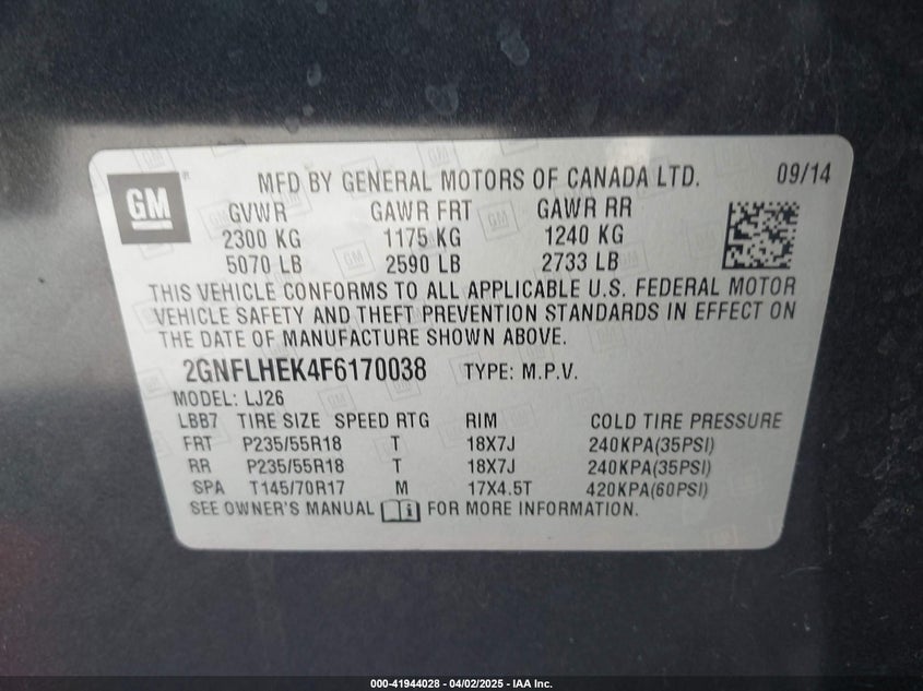 2015 CHEVROLET EQUINOX VIN: 2GNFLHEK4F6170038