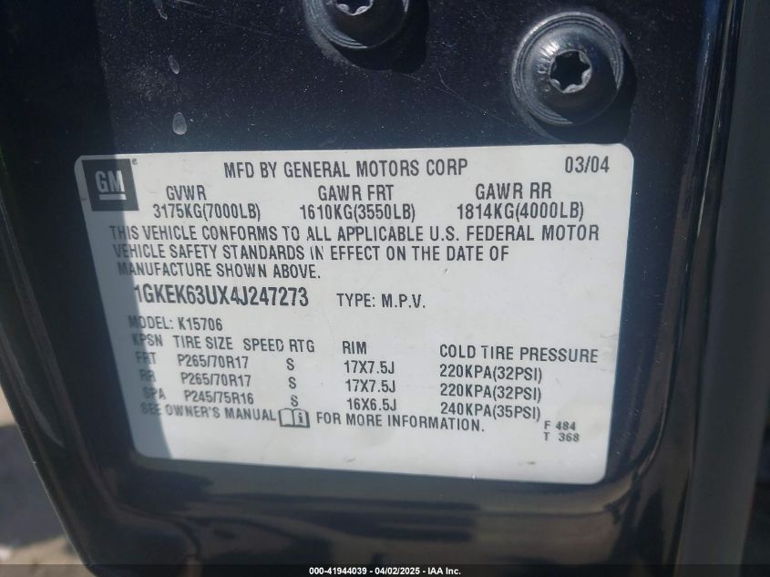 2004 GMC Yukon Denali VIN: 1GKEK63UX4J247273 Lot: 41944039