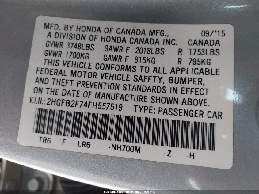 2015 HONDA CIVIC VIN: 2HGFB2F74FH557519