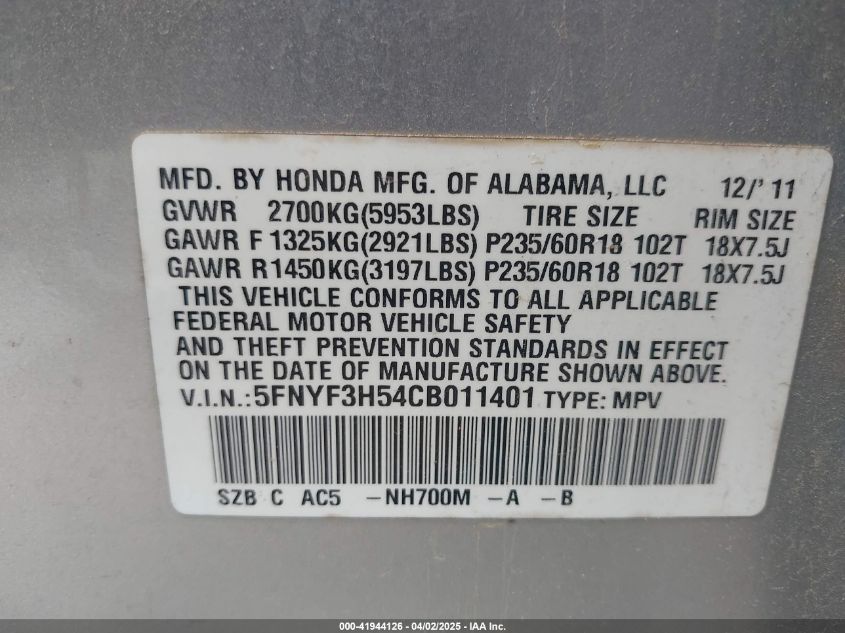 2012 Honda Pilot Ex-L VIN: 5FNYF3H54CB011401 Lot: 41944126