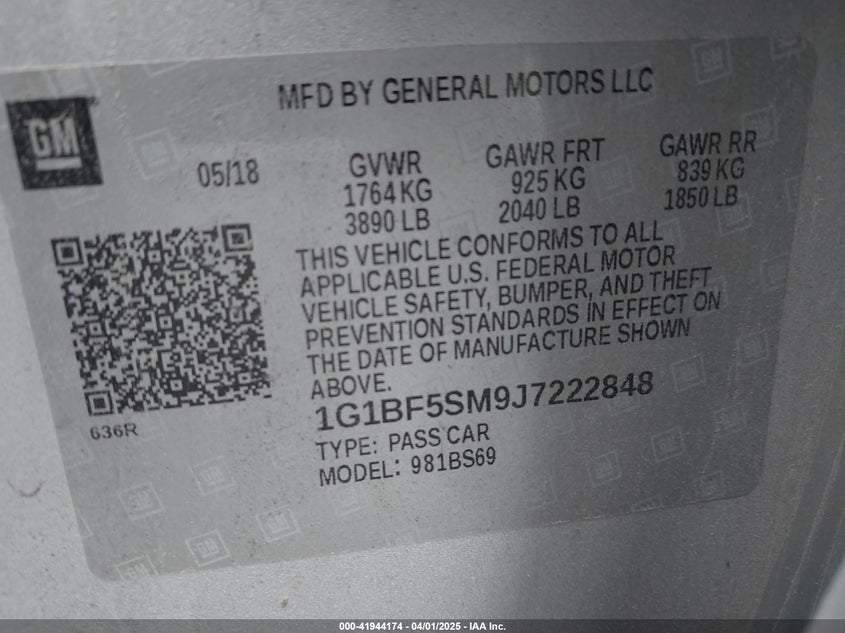 2018 CHEVROLET CRUZE VIN: 1G1BF5SM9J7222848