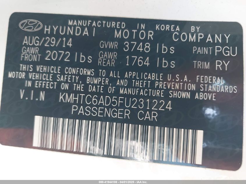 2015 Hyundai Veloster VIN: KMHTC6AD5FU231224 Lot: 41944186