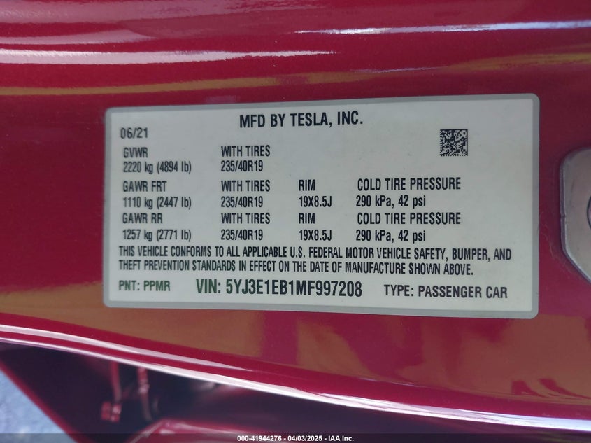 VIN 5YJ3E1EB1MF997208 2021 TESLA MODEL 3 LONG RANGE DUAL MOTOR ALL-WHEEL DRIVE