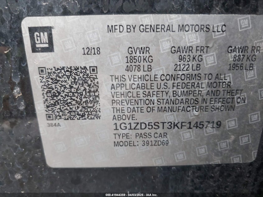 2019 CHEVROLET MALIBU VIN: 1G1ZD5ST3KF145719