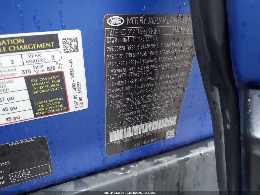 2019 Land Rover Range Rover 5.0L V8 Supercharged VIN: SALGS2RE1KA518062 Lot: 41944421