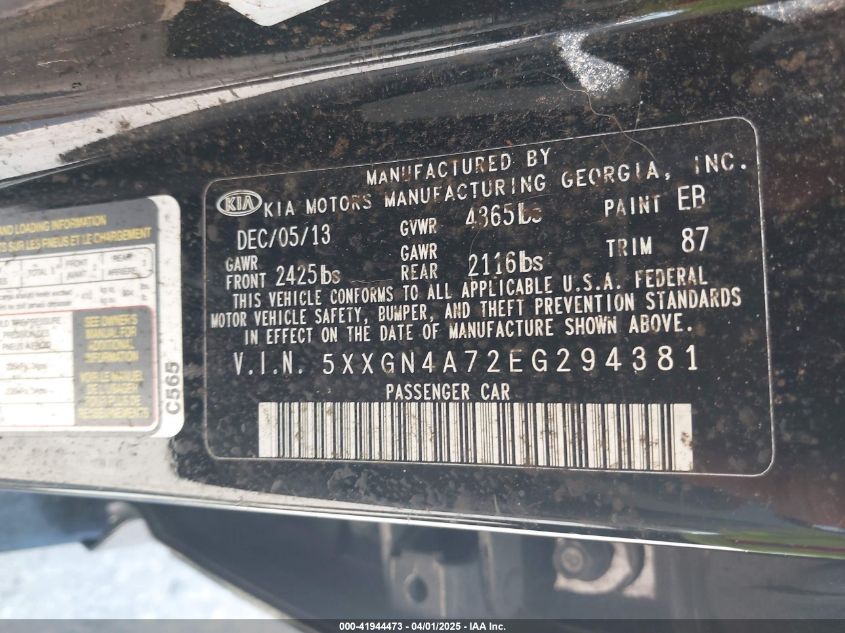 2014 Kia Optima Ex VIN: 5XXGN4A72EG294381 Lot: 41944473