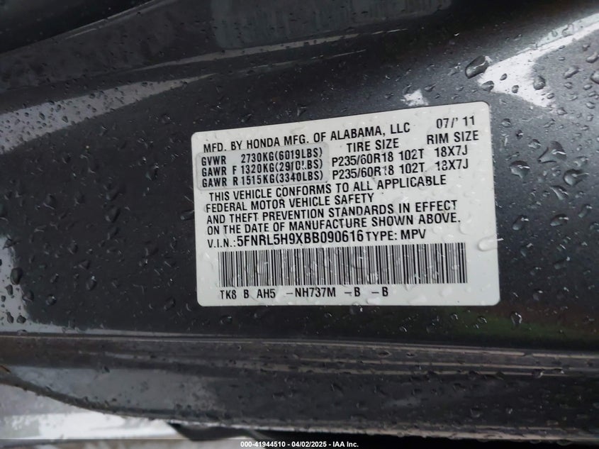 2011 HONDA ODYSSEY VIN: 5FNRL5H9XBB090616