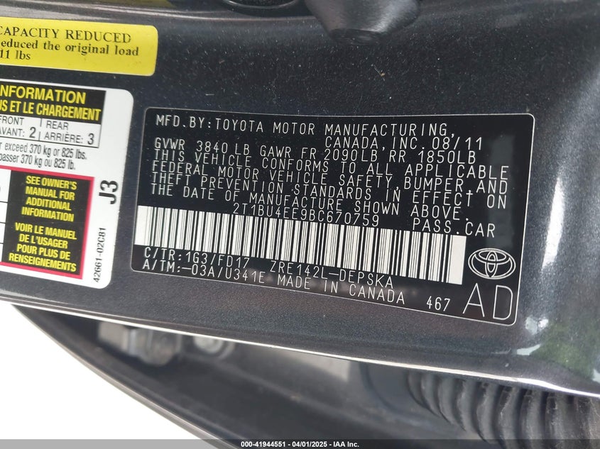 2011 TOYOTA COROLLA VIN: 2T1BU4EE9BC670759