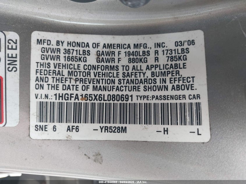 2006 HONDA CIVIC VIN: 1HGFA165X6L080691