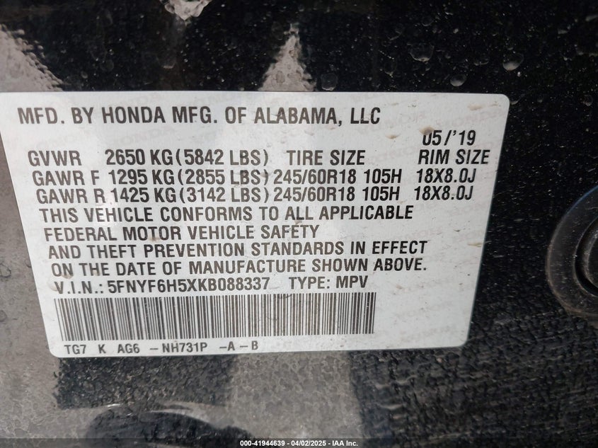 2019 HONDA PILOT VIN: 5FNYF6H5XKB088337
