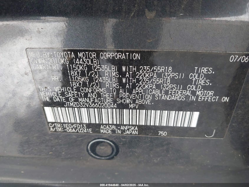 2006 TOYOTA RAV4 VIN: JTMZD32V366020044