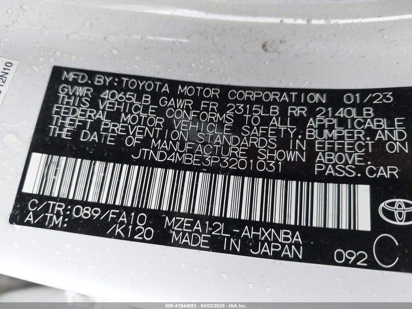 2023 TOYOTA COROLLA VIN: JTND4MBE3P3201031