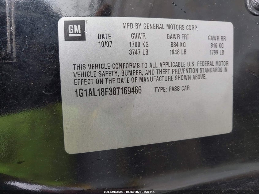 2008 CHEVROLET COBALT VIN: 1G1AL18F387169466