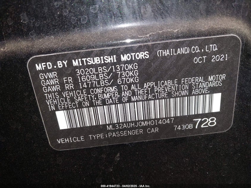 VIN ML32AUHJ0MH014047 2021 MITSUBISHI MIRAGE CARBONITE EDITION/ES/LE