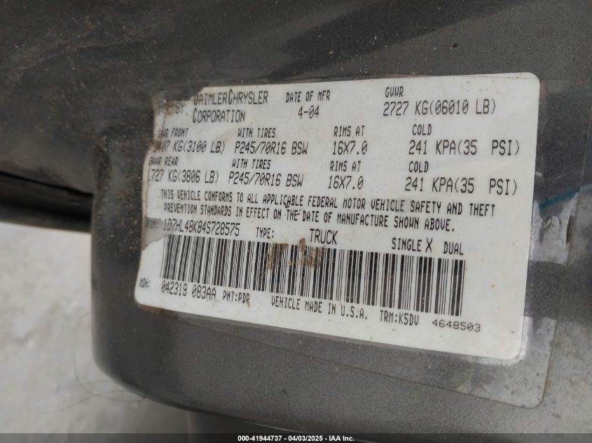 2004 Dodge Dakota Slt VIN: 1D7HL48K84S728575 Lot: 41944737