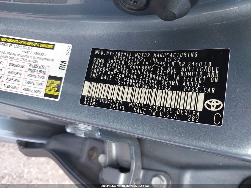 2022 TOYOTA COROLLA VIN: 5YFEPMAE5NP391422