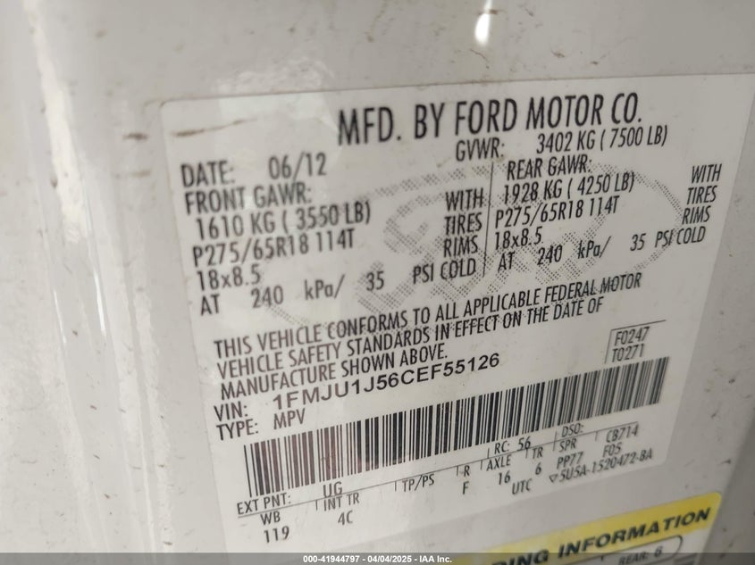 2012 FORD EXPEDITION VIN: 1FMJU1J56CEF55126