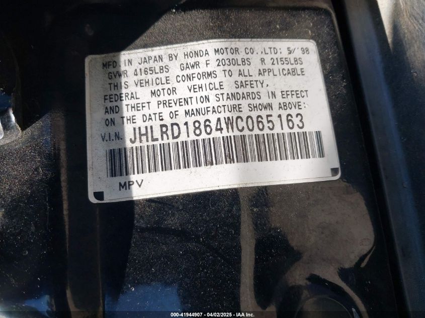1998 Honda Cr-V Ex VIN: JHLRD1864WC065163 Lot: 41944907