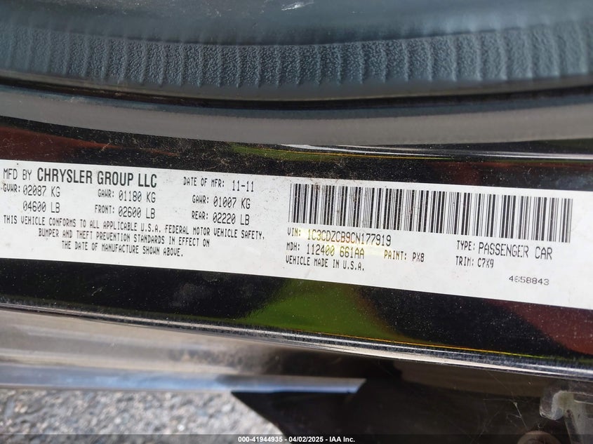 2012 DODGE AVENGER VIN: 1C3CDZCB9CN177919