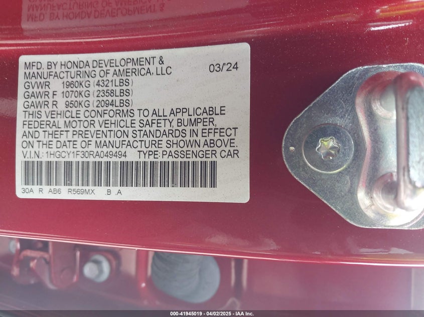 2024 HONDA ACCORD VIN: 1HGCY1F30RA049494