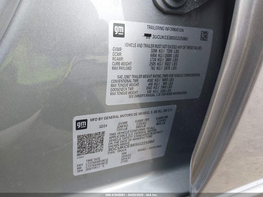 2025 CHEVROLET SILVERADO 1500 VIN: 3GCUKCE88SG225860