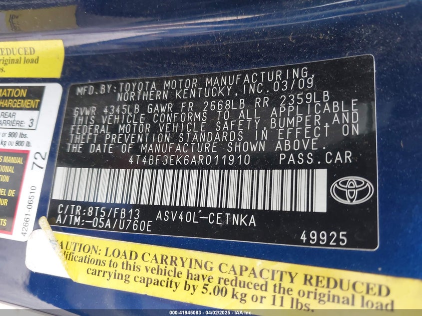 2010 TOYOTA CAMRY VIN: 4T4BF3EK6AR011910