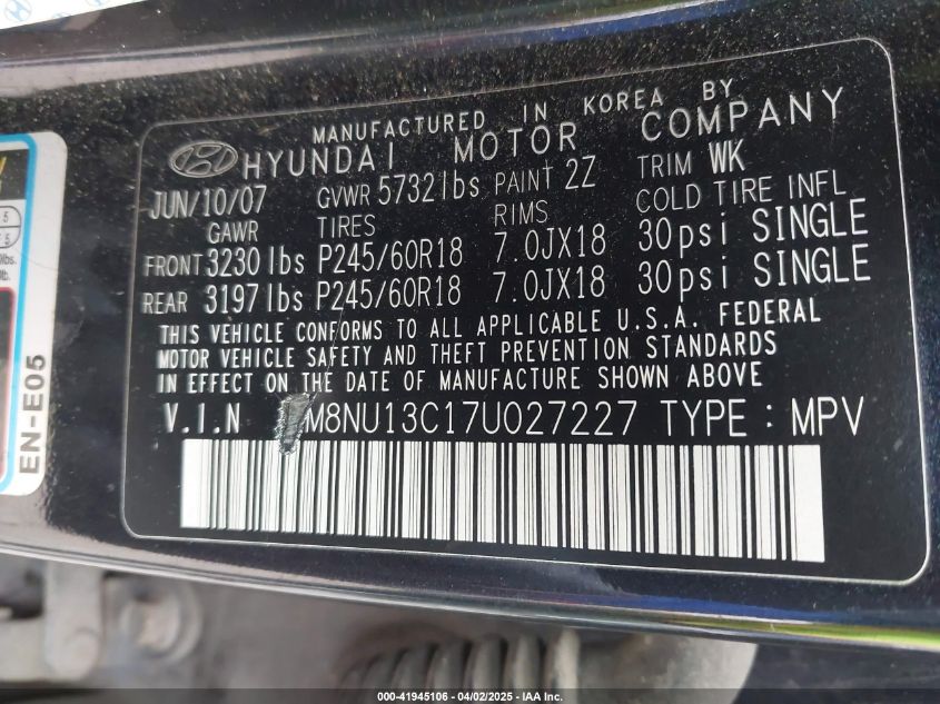 2007 Hyundai Veracruz Gls/Limited/Se VIN: KM8NU13C17U027227 Lot: 41945106