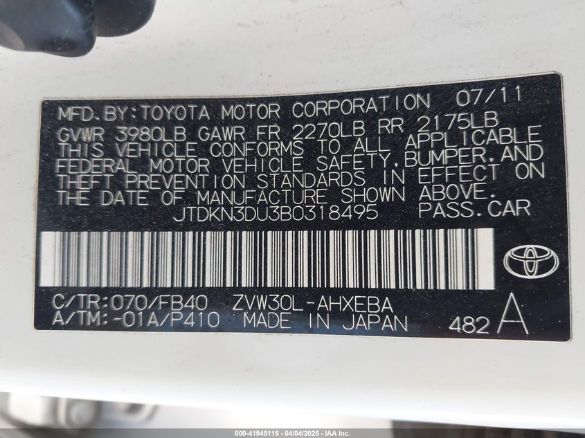 2011 TOYOTA PRIUS VIN: JTDKN3DU3B0318495