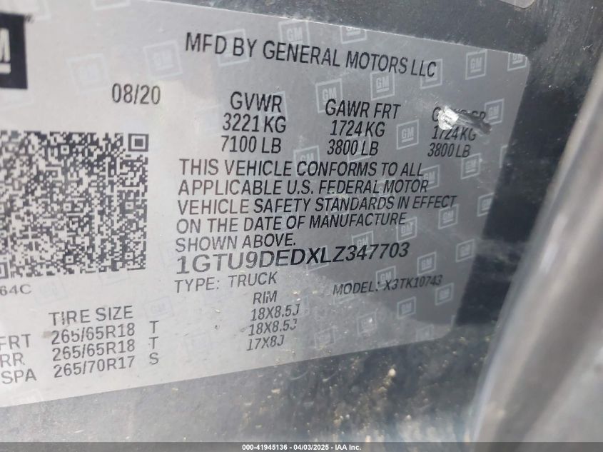 2020 GMC Sierra 1500 4Wd Short Box Slt/4Wd Standard Box Slt VIN: 1GTU9DEDXLZ344703 Lot: 41945136