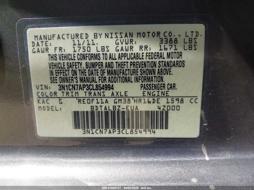 2012 NISSAN VERSA VIN: 3N1CN7AP3CL854994