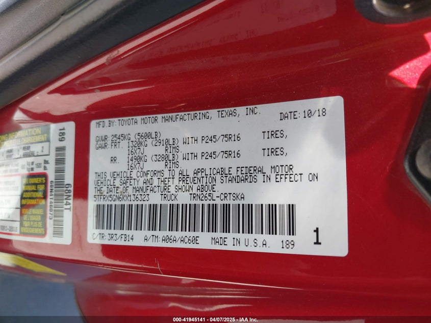 2019 TOYOTA TACOMA SR - 5TFRX5GN6KX136323