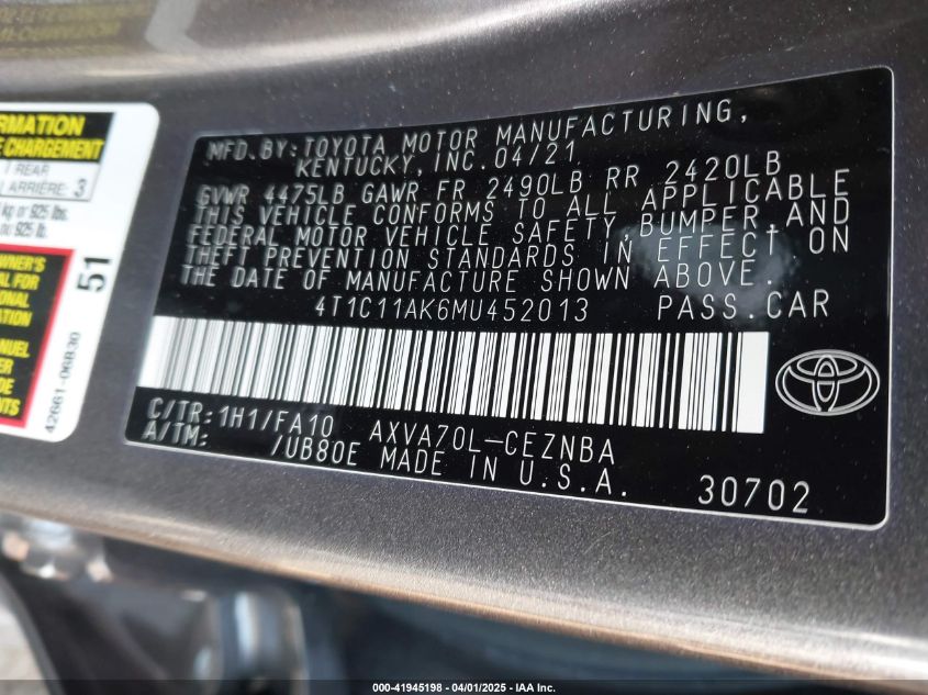 2021 Toyota Camry Le VIN: 4T1C11AK6MU452013 Lot: 41945198