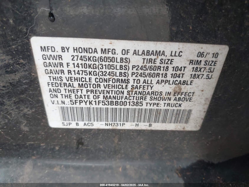 2011 HONDA RIDGELINE VIN: 5FPYK1F53BB001385