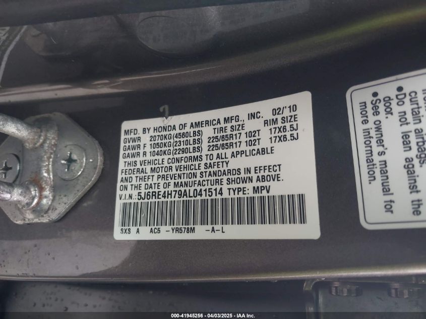 2010 Honda Cr-V Ex-L VIN: 5J6RE4H79AL041514 Lot: 41945256