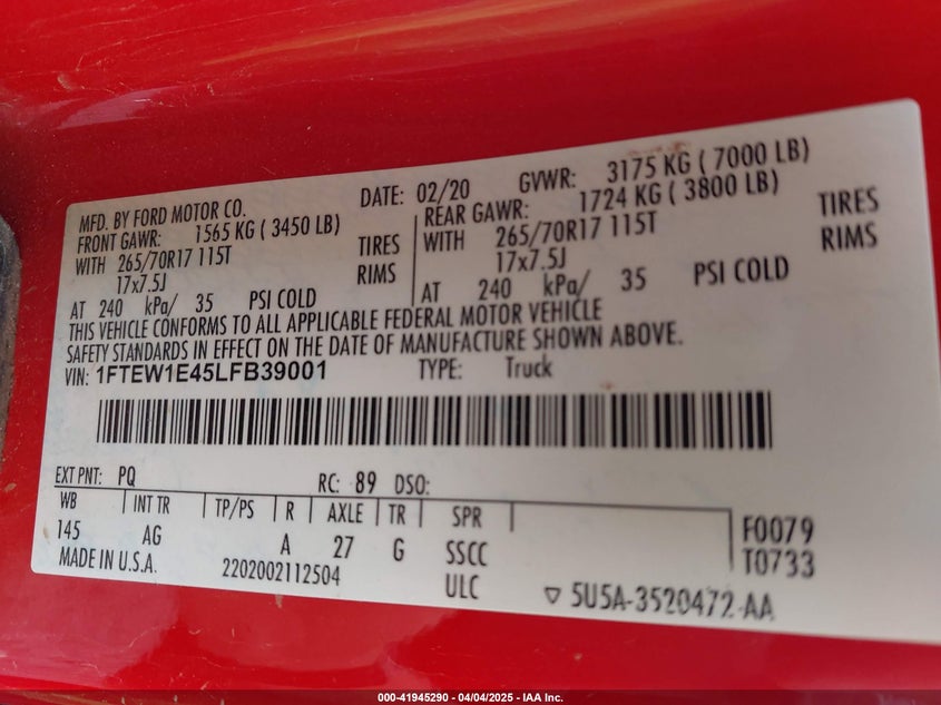 VIN 1FTEW1E45LFB39001 2020 FORD F-150 XL