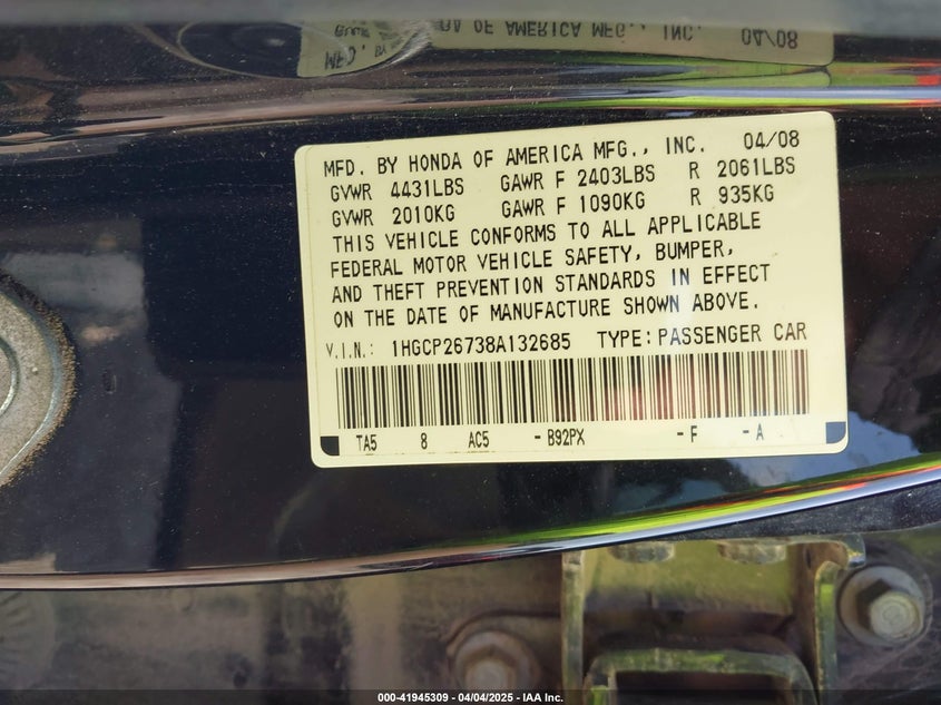 2008 HONDA ACCORD VIN: 1HGCP26738A132685