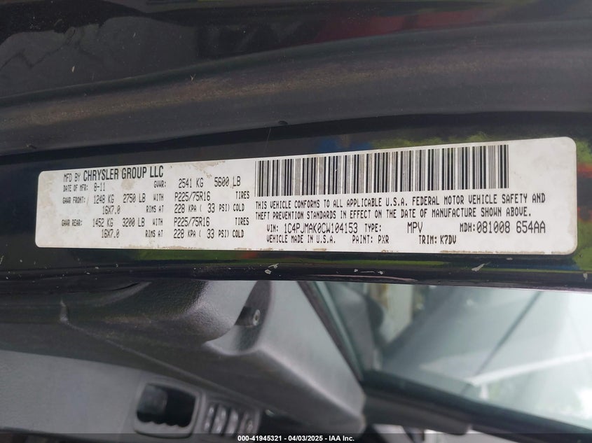 2012 JEEP LIBERTY VIN: 1C4PJMAK0CW104153