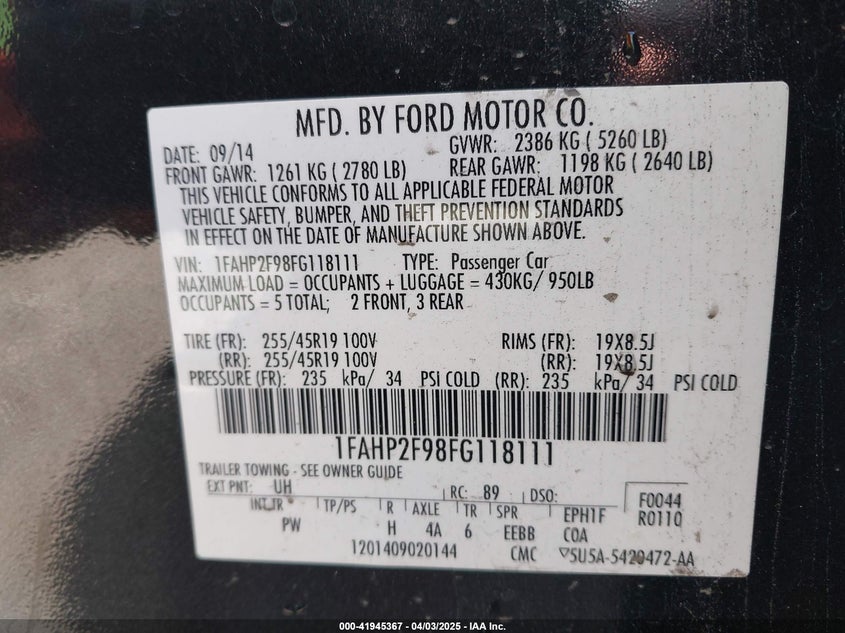 2015 FORD TAURUS VIN: 1FAHP2F98FG118111