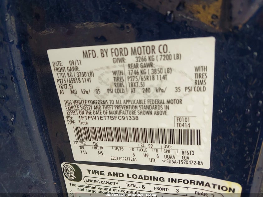 2011 FORD F-150 VIN: 1FTFW1ET7BFC91338