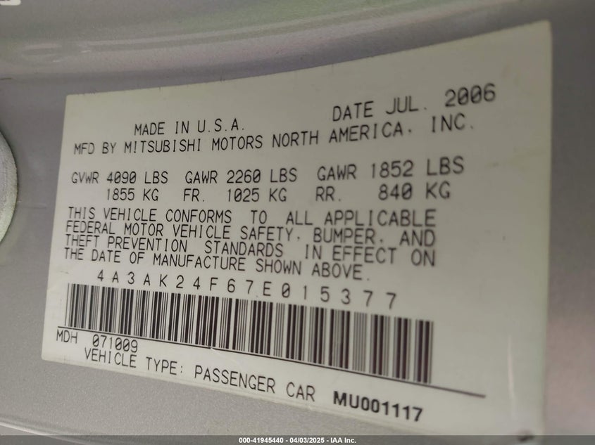 2007 MITSUBISHI ECLIPSE VIN: 4A3AK24F67E015377
